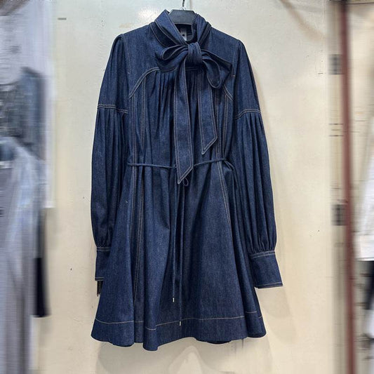 Women's Lace-up Bow Stand-up Collar Puff Sleeve Denim Dress - Velora