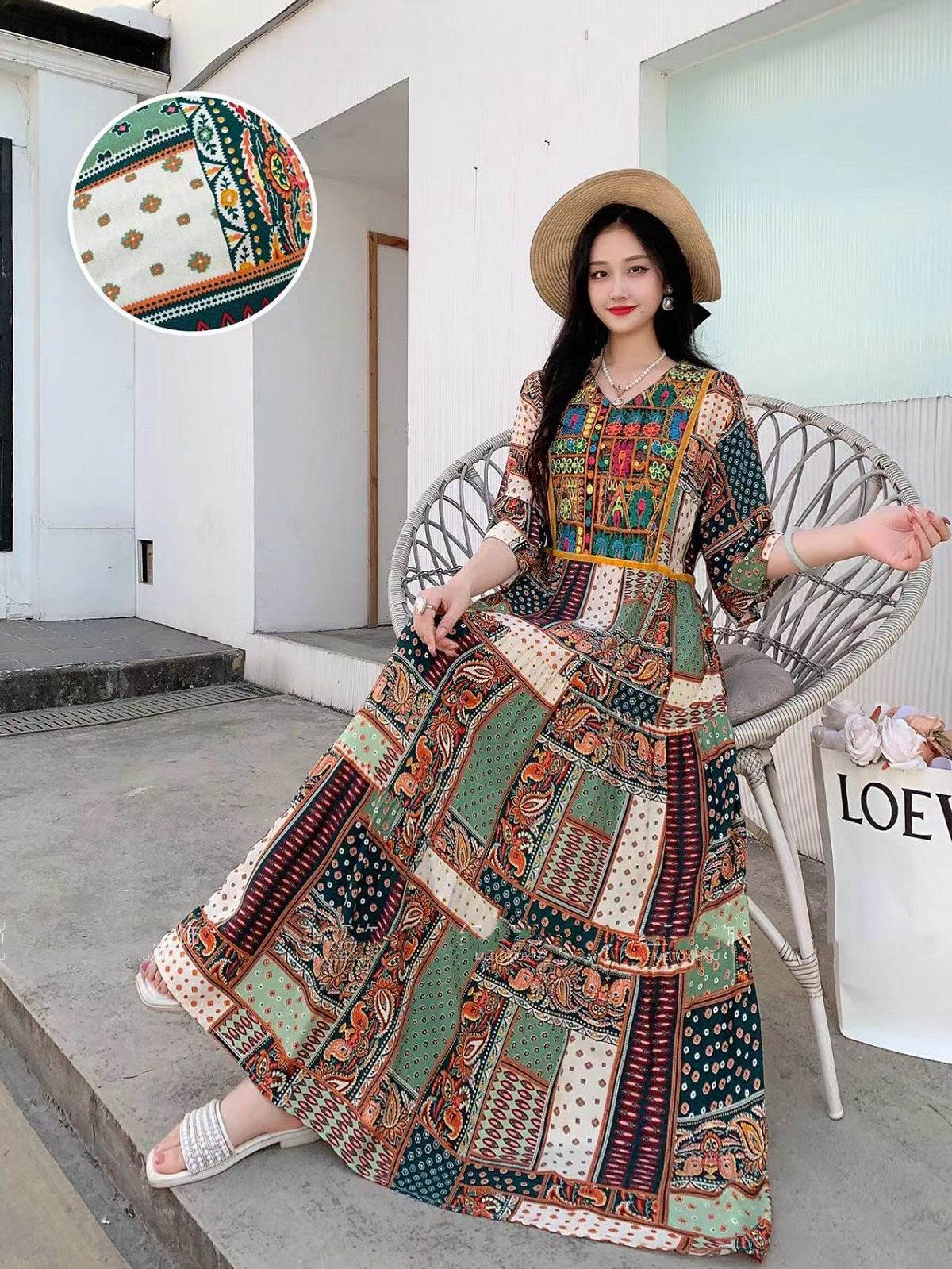 V-neck Embroidery Bell Sleeve Waist Trimming Casual Dress - Velora