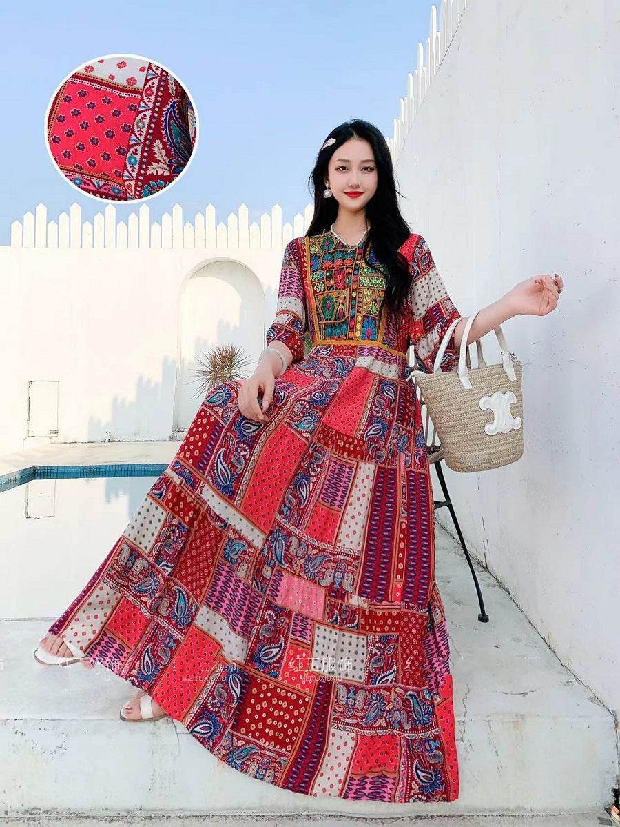 V-neck Embroidery Bell Sleeve Waist Trimming Casual Dress - Velora