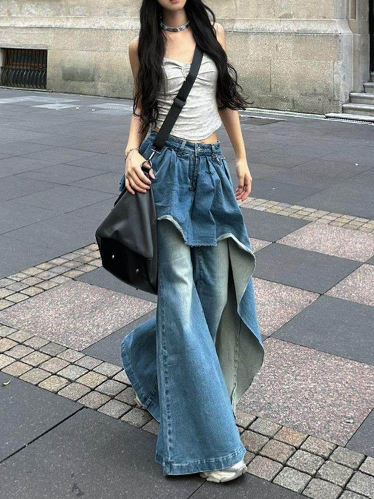 False two piece Denim Skirt High waist Fake 2 piece Skirt jeans pant - Velora