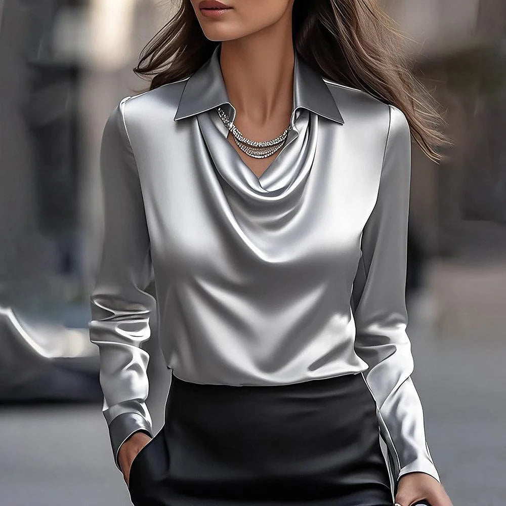 Women's Swing Collar Draped Shirts & Blouses Elegant Solid Satin Office Ladies Top Pullover Spring Long Sleeve Casual Tops - Velora