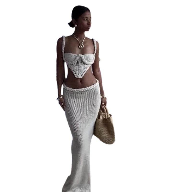 Y2K Crochet Knit 2 Piece Skirt Set Women's Square Collar Camisole Hip Skirt Hollow Out Strapless Tube Top Low Waist Bodycon Maxi Skirts Outfit - Velora