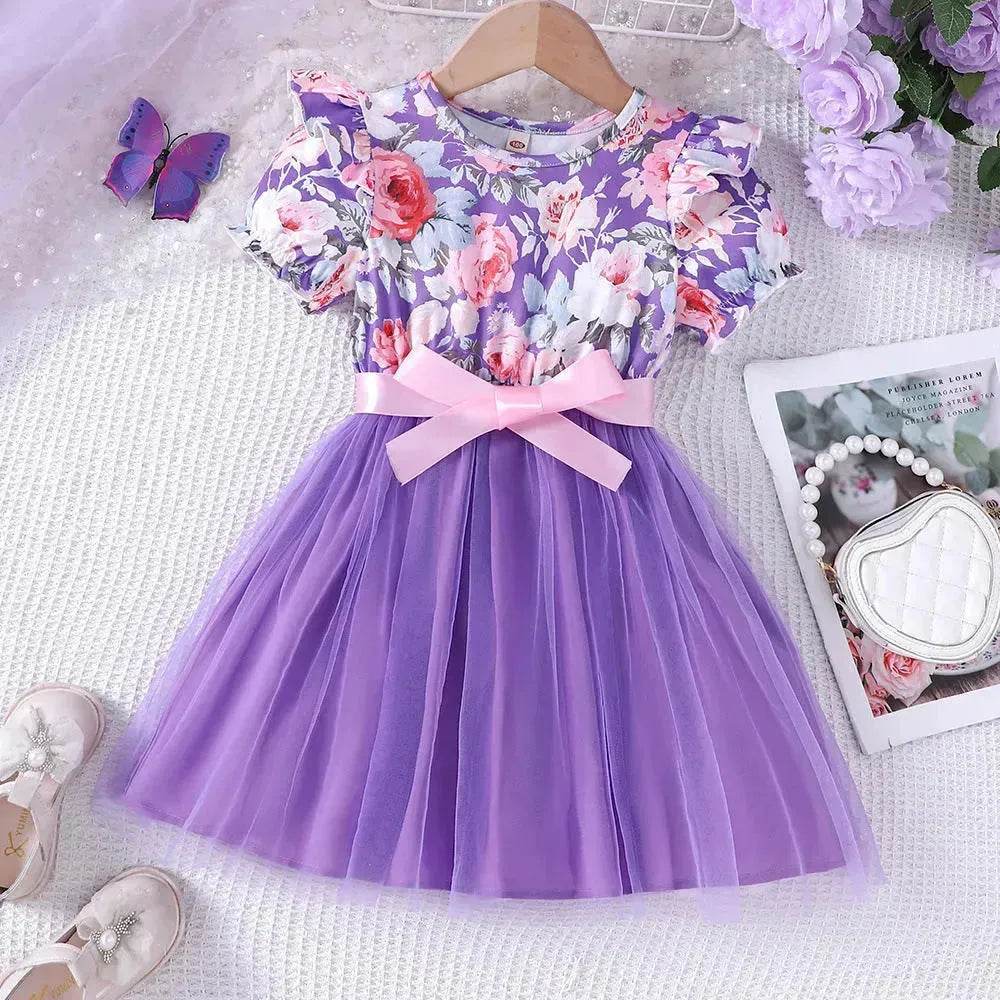 Girls Puff Sleeve Flower Printed Mesh Dress Baby girl dress gown - Velora