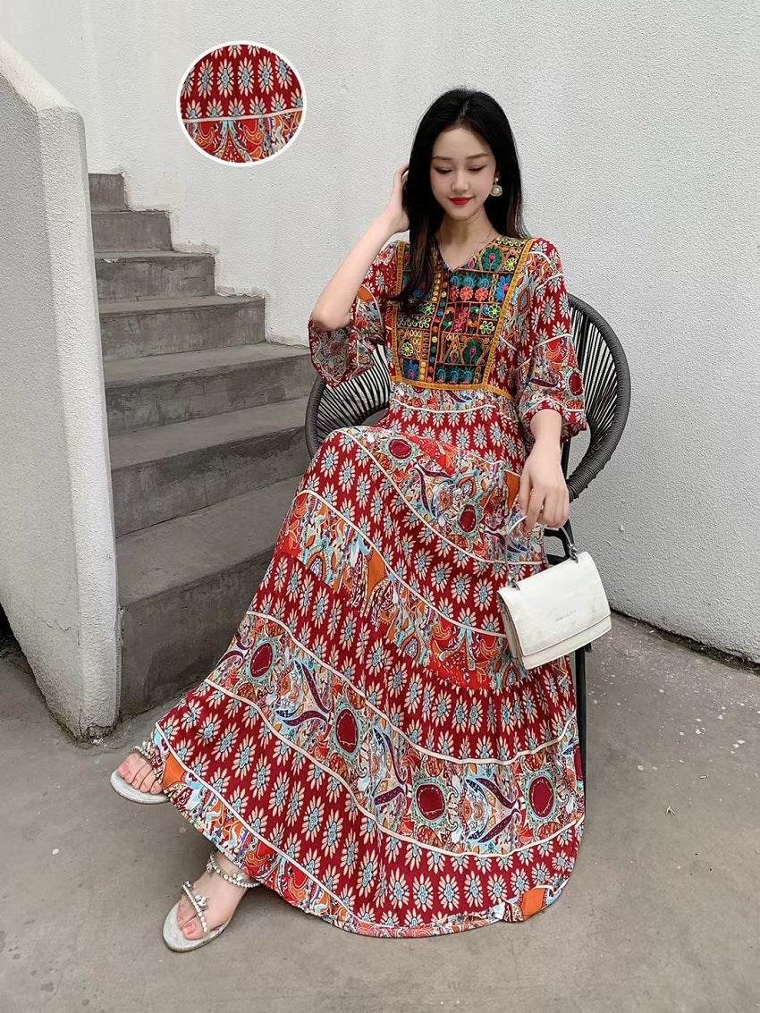 V-neck Embroidery Bell Sleeve Waist Trimming Casual Dress - Velora