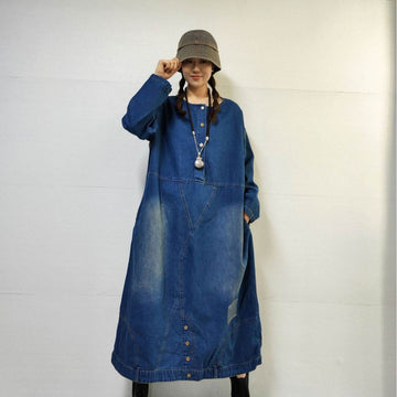 Loose-fitting Casual Round-neck Long-sleeved Oversized Long Denim Dress