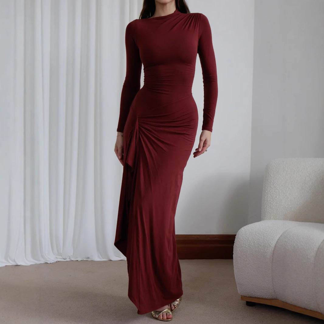 Slim-fitting Long-sleeved Asymmetric Split Dress Ins Fashion Solid Color Long Dresses For Women - Velora