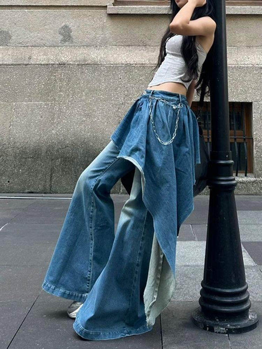 False two piece Denim Skirt High waist Fake 2 piece Skirt jeans pant - Velora