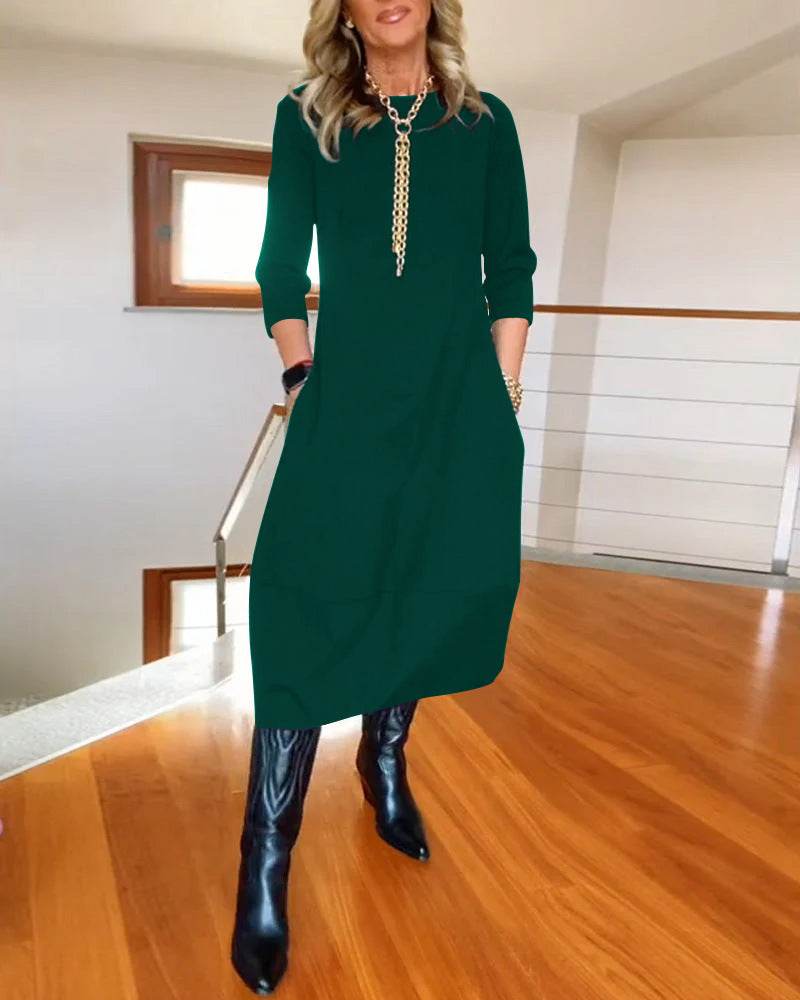 Autumn And Winter New All-matching Solid Color Loose Round-neck Long-sleeved Dress Women - Velora