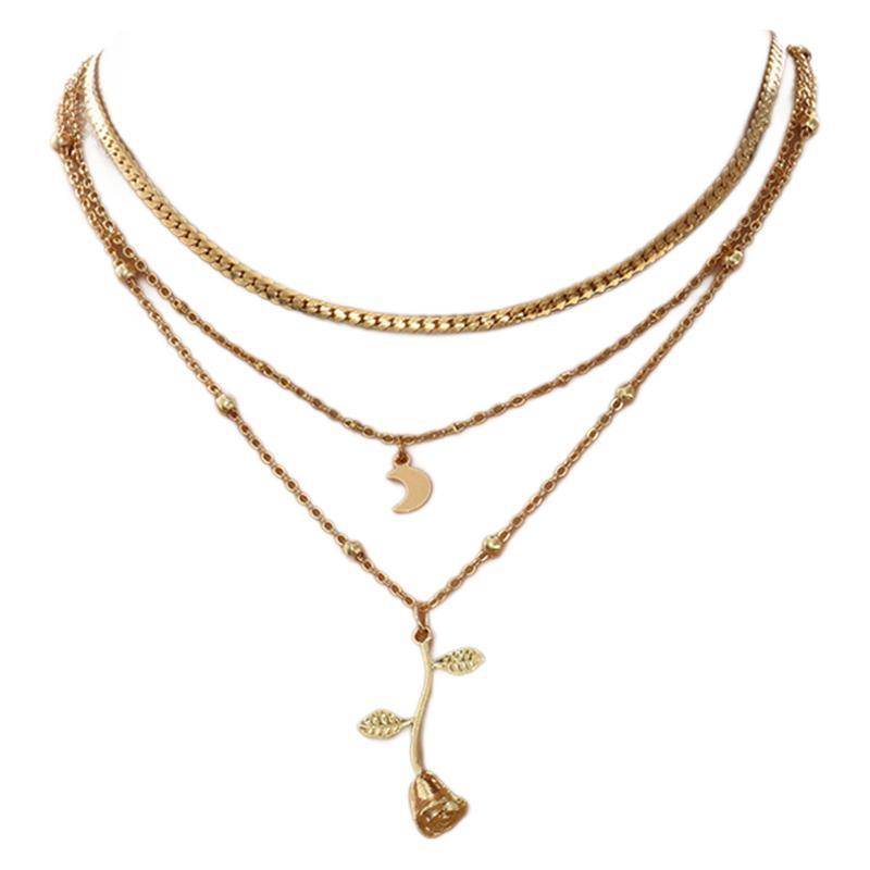 Bohemia Multilayer Moon Gold Color Pendant Necklaces For Women Rose Flower Choker Necklace 2025 Fashion Jewelry Party Gift Valentine's Day Gifts - Velora