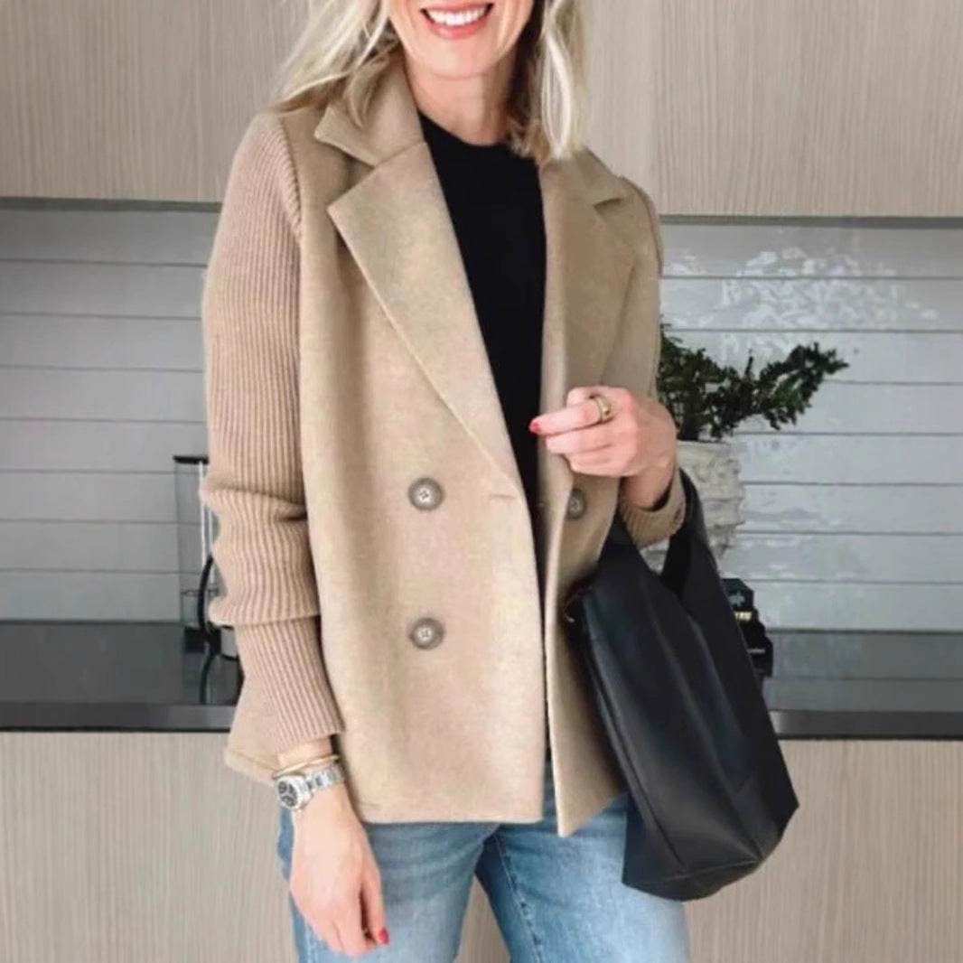 Double Breasted Lapel Jacket Fashion Knitted Sleeves Splicing Design Coat Outerwear Women's Clothing - Velora