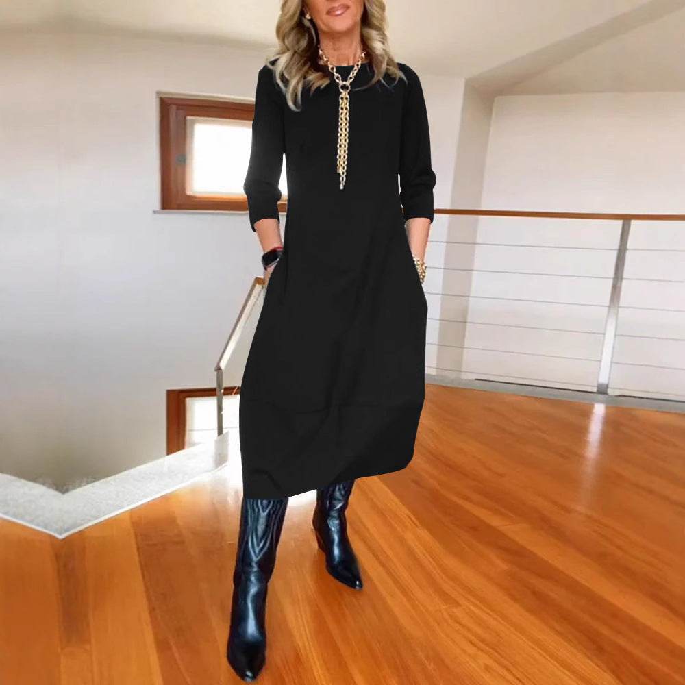 Autumn And Winter New All-matching Solid Color Loose Round-neck Long-sleeved Dress Women - Velora