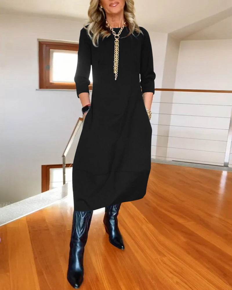 Autumn And Winter New All-matching Solid Color Loose Round-neck Long-sleeved Dress Women - Velora