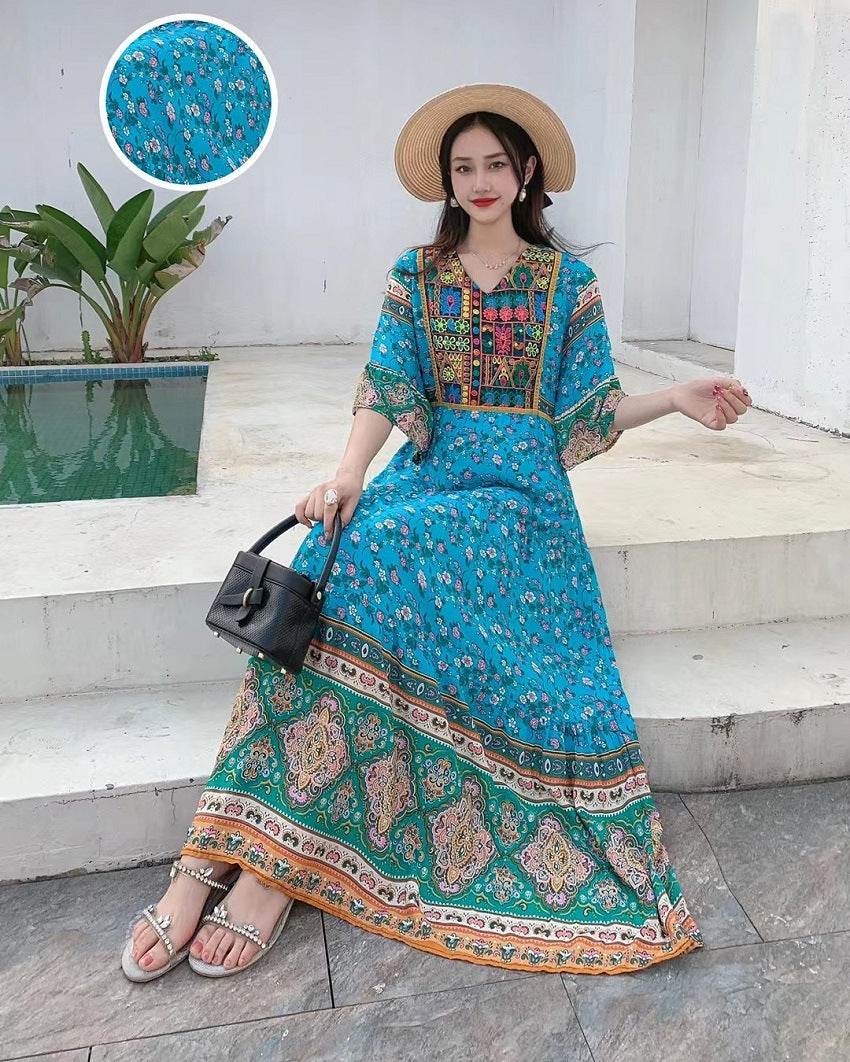 V-neck Embroidery Bell Sleeve Waist Trimming Casual Dress - Velora
