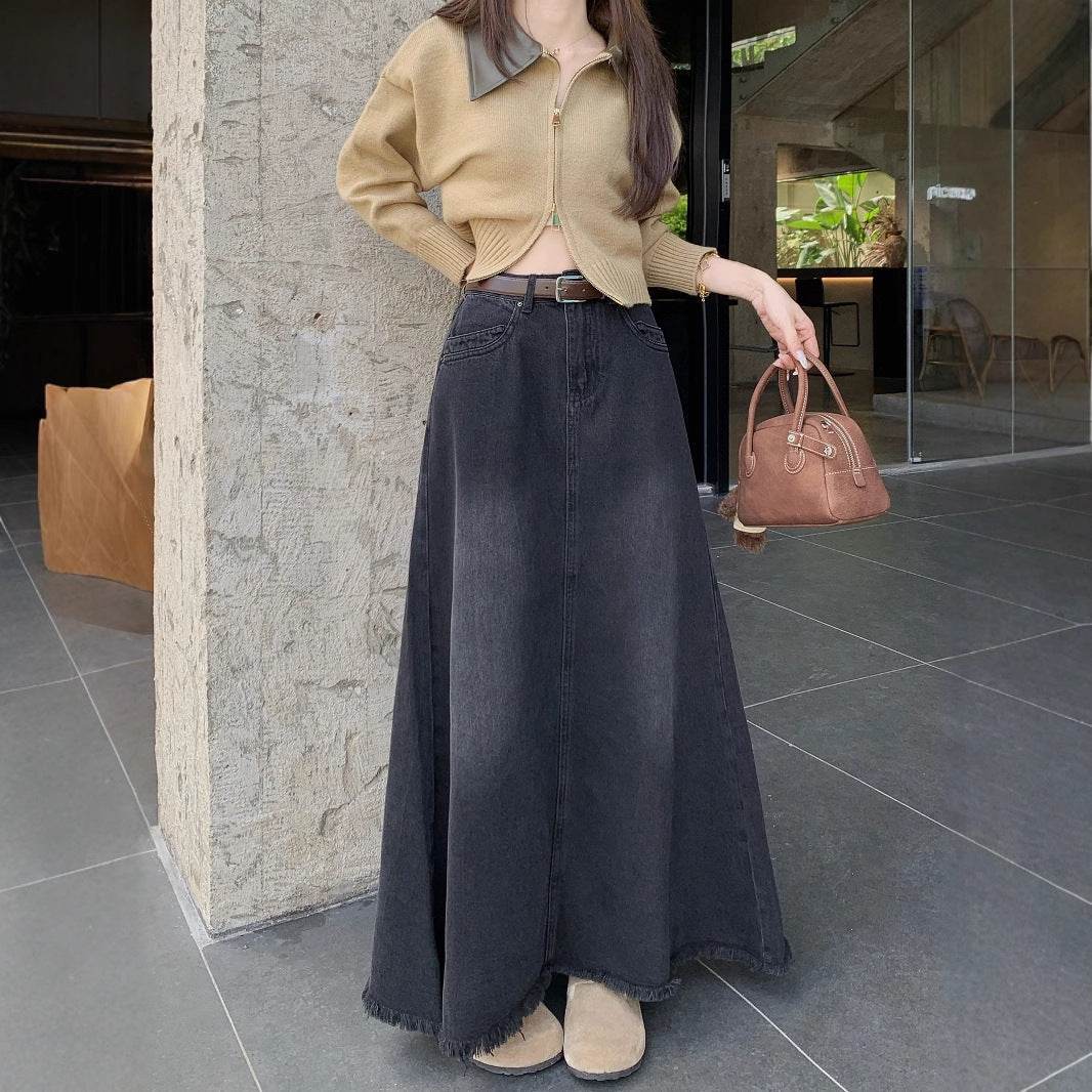 Long Denim Skirt Solid Cotton A Line Style - Velora