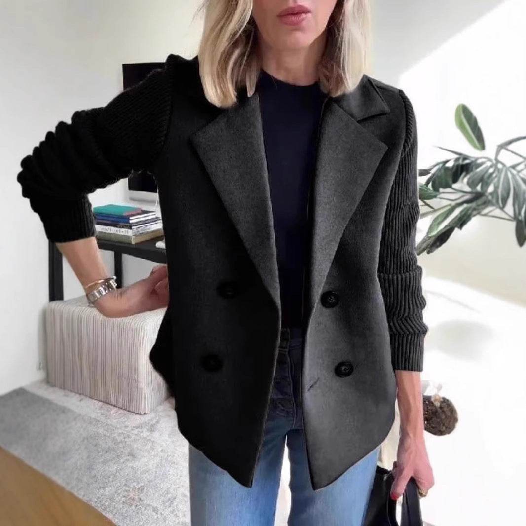 Double Breasted Lapel Jacket Fashion Knitted Sleeves Splicing Design Coat Outerwear Women's Clothing - Velora