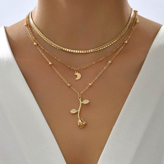 Bohemia Multilayer Moon Gold Color Pendant Necklaces For Women Rose Flower Choker Necklace 2025 Fashion Jewelry Party Gift Valentine's Day Gifts - Velora