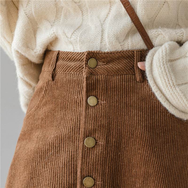 Retro Button A-line Fashion flared Corduroy Midi Skirt - Velora