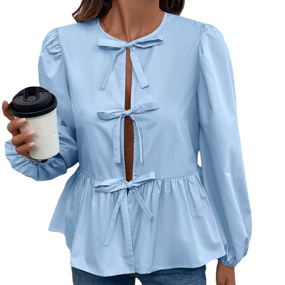 Casual Loose Lantern sleeve Buckle blouse Top For Women - Velora