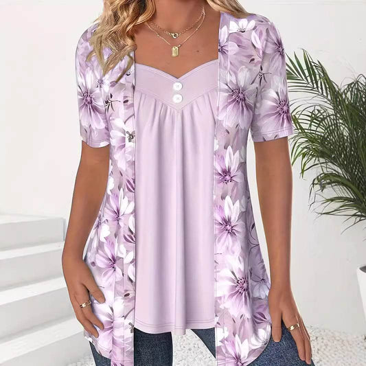 Fake Two Pieces Short Sleeve Printed Fashion Button Top - Velora