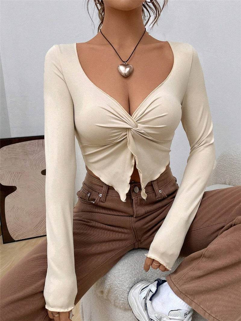 Slim fit top Front Twist Irregular Long Sleeve V-neck tank top For Women - Velora
