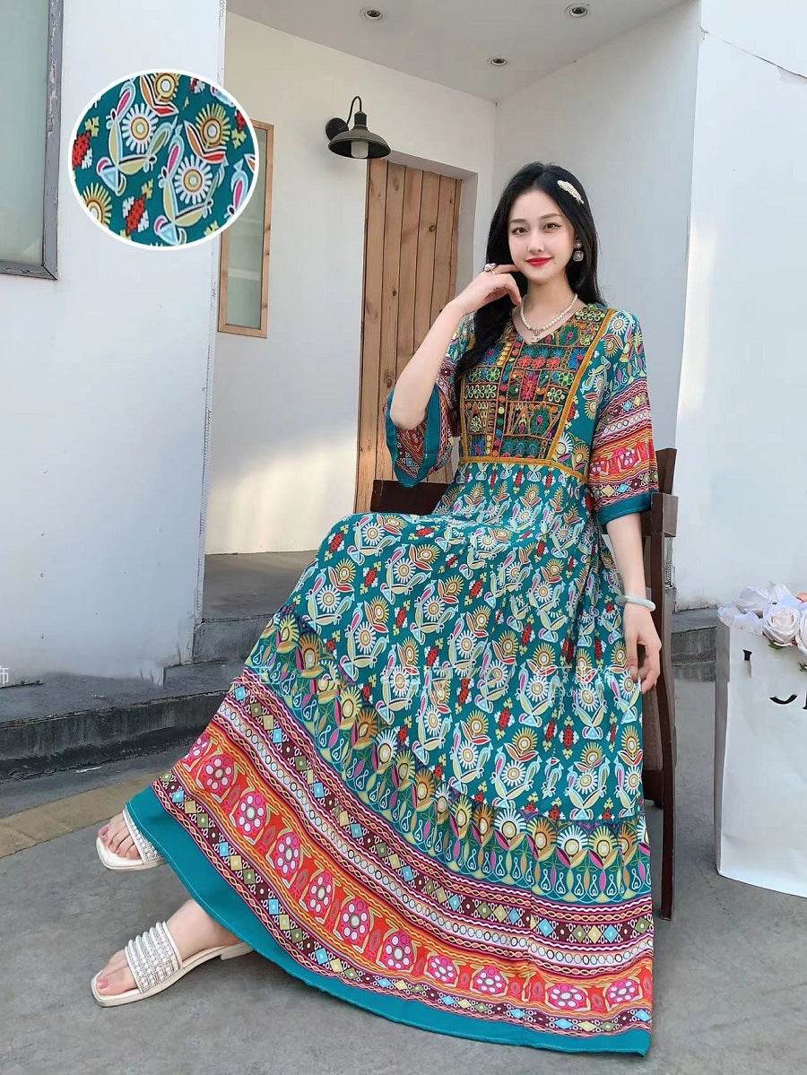 V-neck Embroidery Bell Sleeve Waist Trimming Casual Dress - Velora