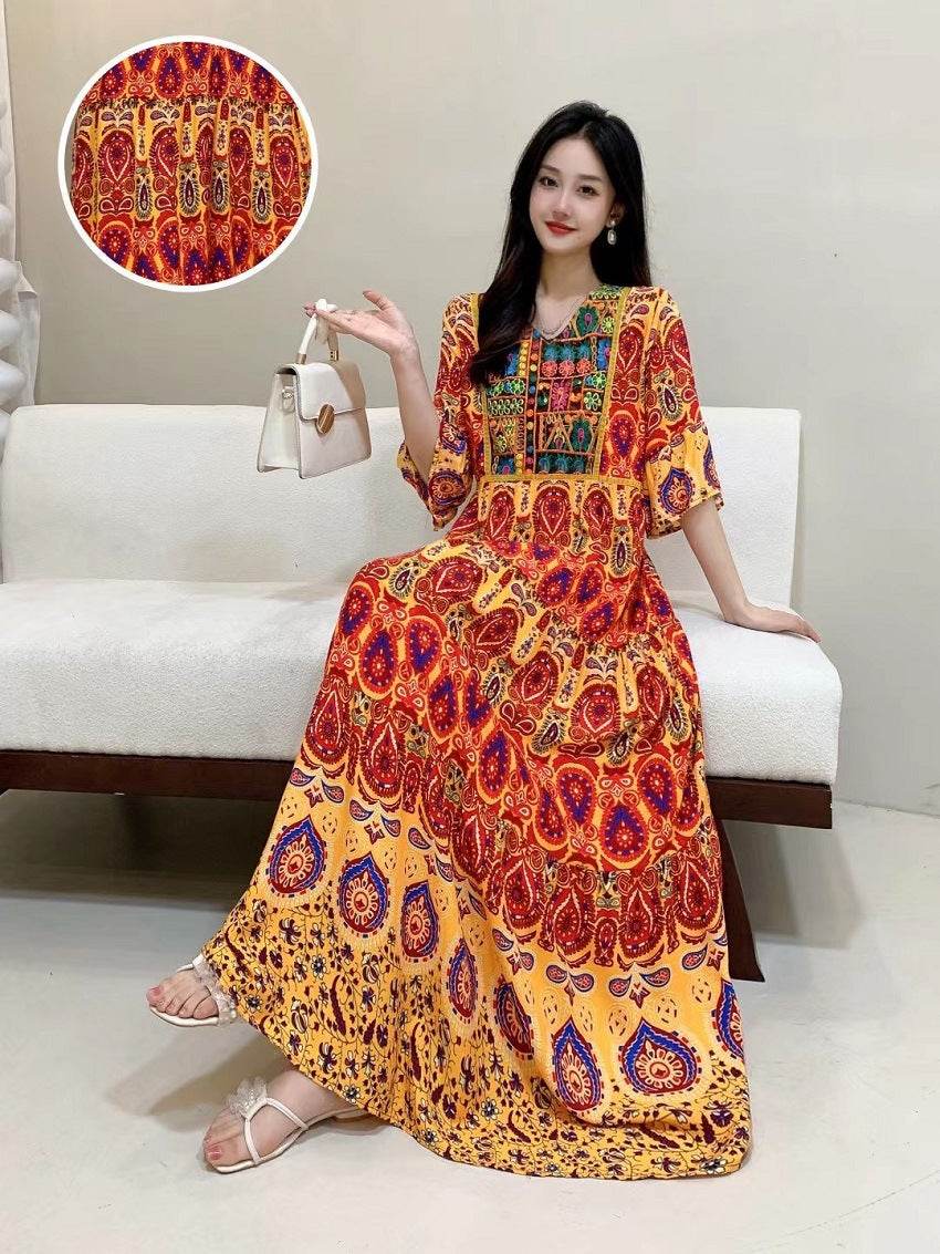 V-neck Embroidery Bell Sleeve Waist Trimming Casual Dress - Velora