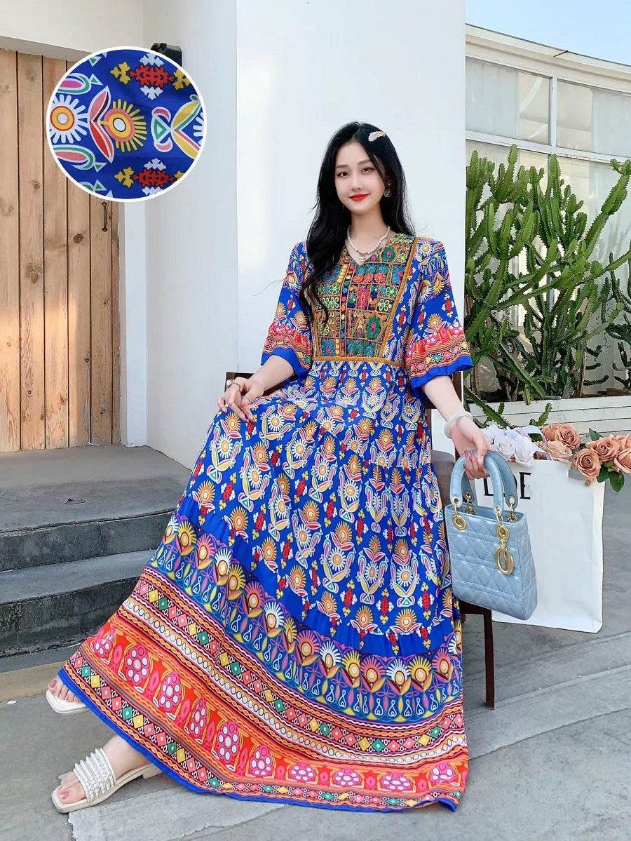 V-neck Embroidery Bell Sleeve Waist Trimming Casual Dress - Velora
