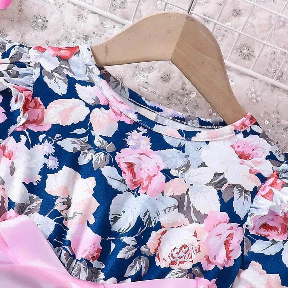 Girls Puff Sleeve Flower Printed Mesh Dress Baby girl dress gown - Velora