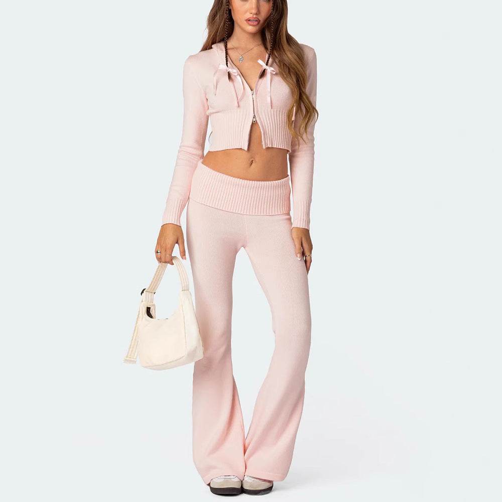 Fashion Knitted Hooded Suit Long Sleeve Zipper Cropped Top And Slim Flared Pants Trousers Solid Outfits Women's Clothing - Velora