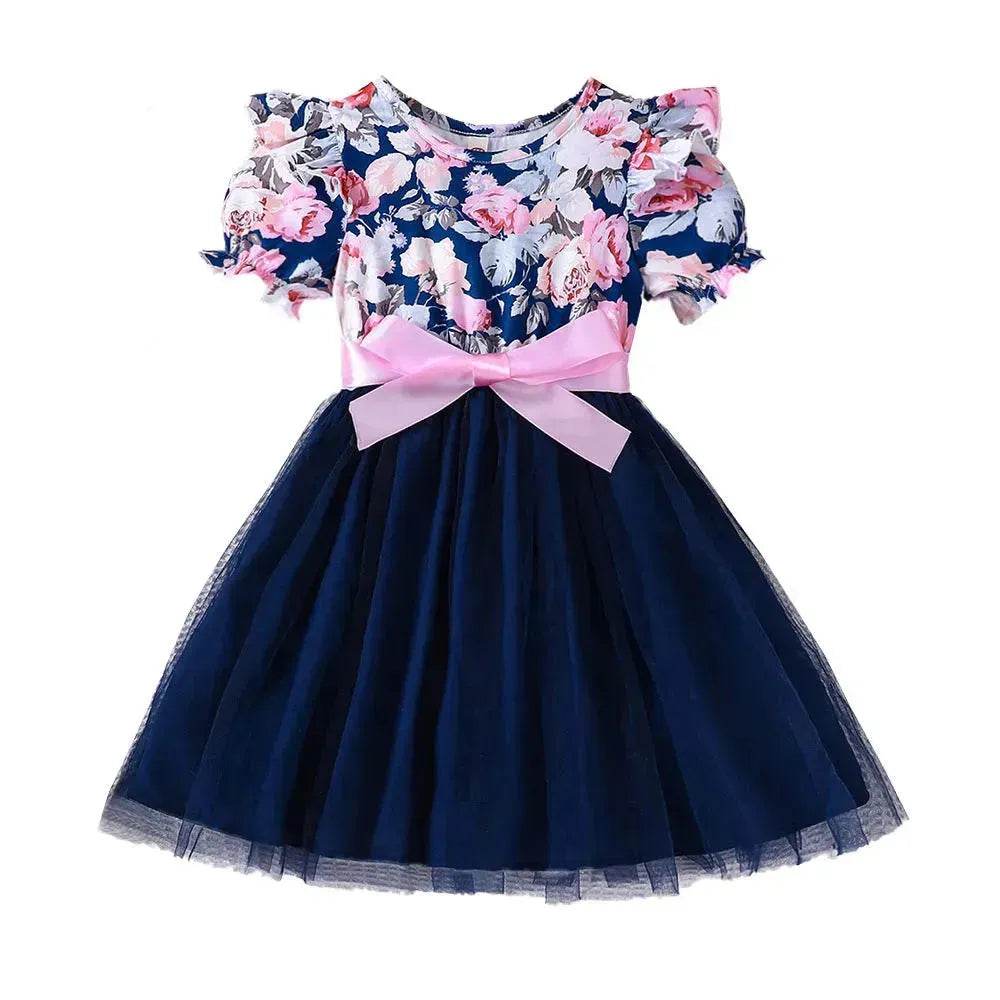 Girls Puff Sleeve Flower Printed Mesh Dress Baby girl dress gown - Velora