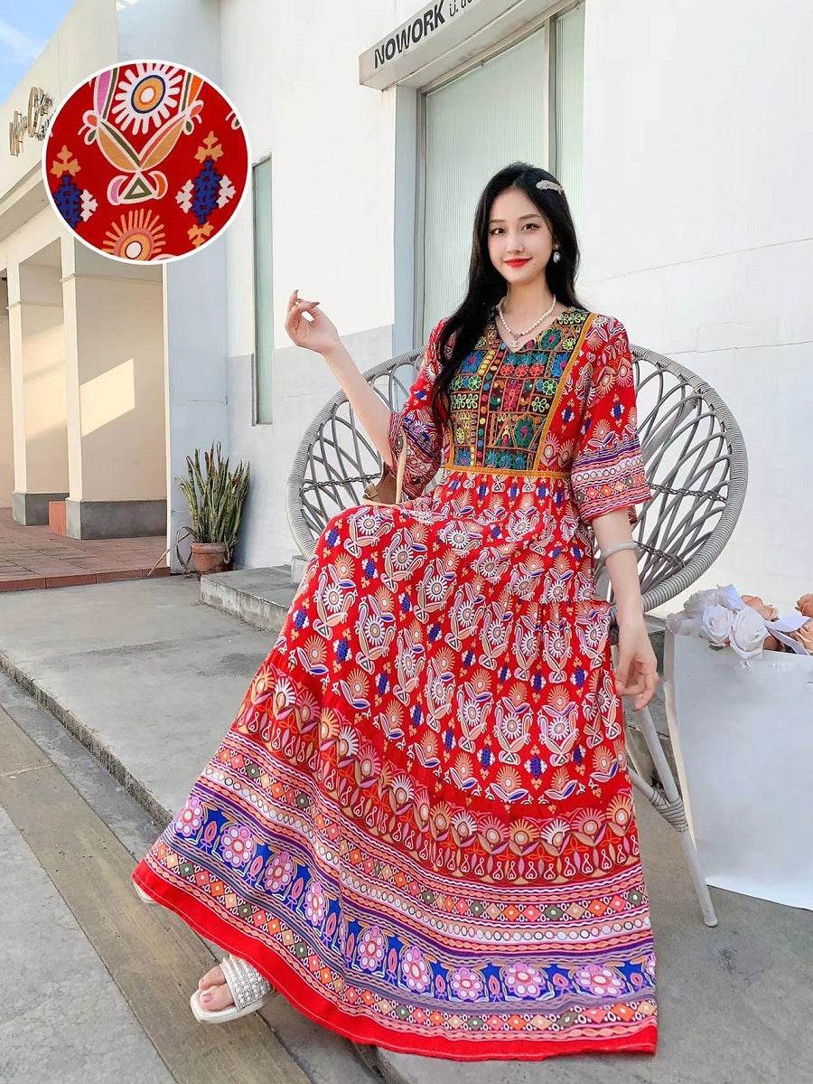 V-neck Embroidery Bell Sleeve Waist Trimming Casual Dress - Velora