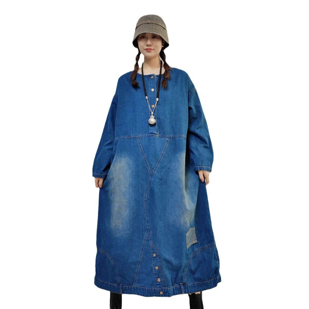 Loose-fitting Casual Round-neck Long-sleeved Oversized Long Denim Dress