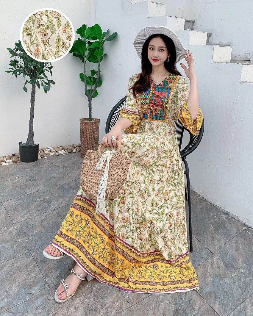 V-neck Embroidery Bell Sleeve Waist Trimming Casual Dress - Velora