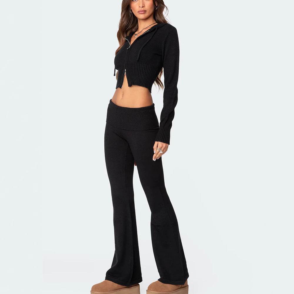 Fashion Knitted Hooded Suit Long Sleeve Zipper Cropped Top And Slim Flared Pants Trousers Solid Outfits Women's Clothing - Velora