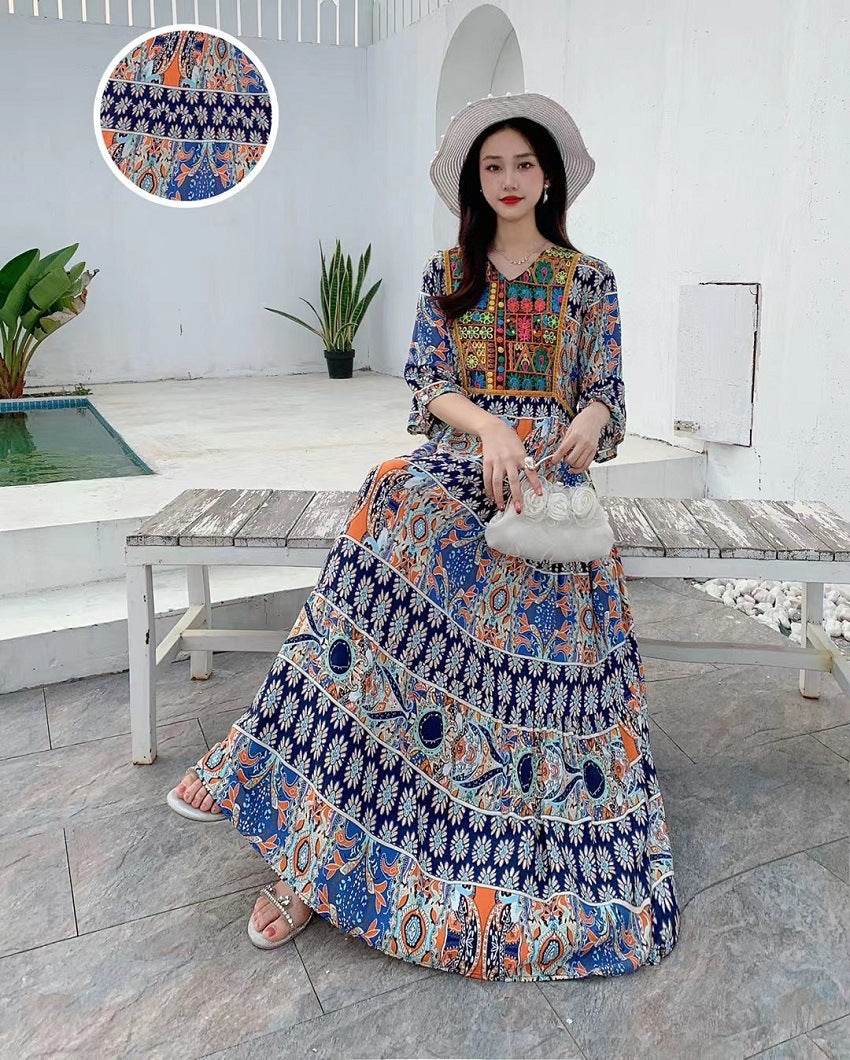 V-neck Embroidery Bell Sleeve Waist Trimming Casual Dress - Velora