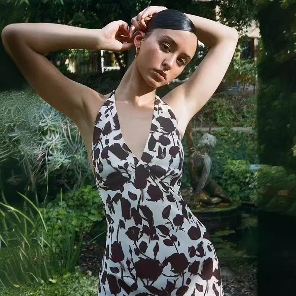 French Vest Printed Midi Floral Summer New Elegant Backless V-neck Halter Dress