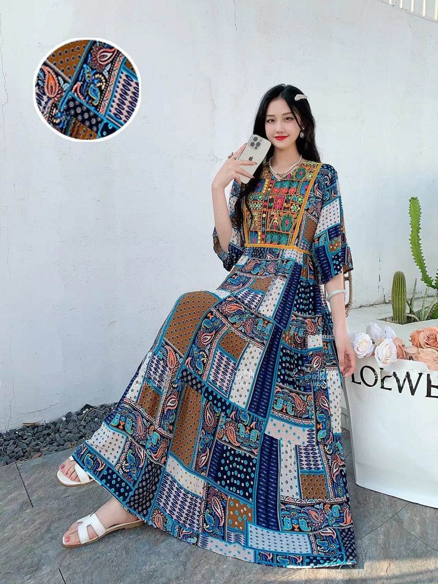 V-neck Embroidery Bell Sleeve Waist Trimming Casual Dress - Velora