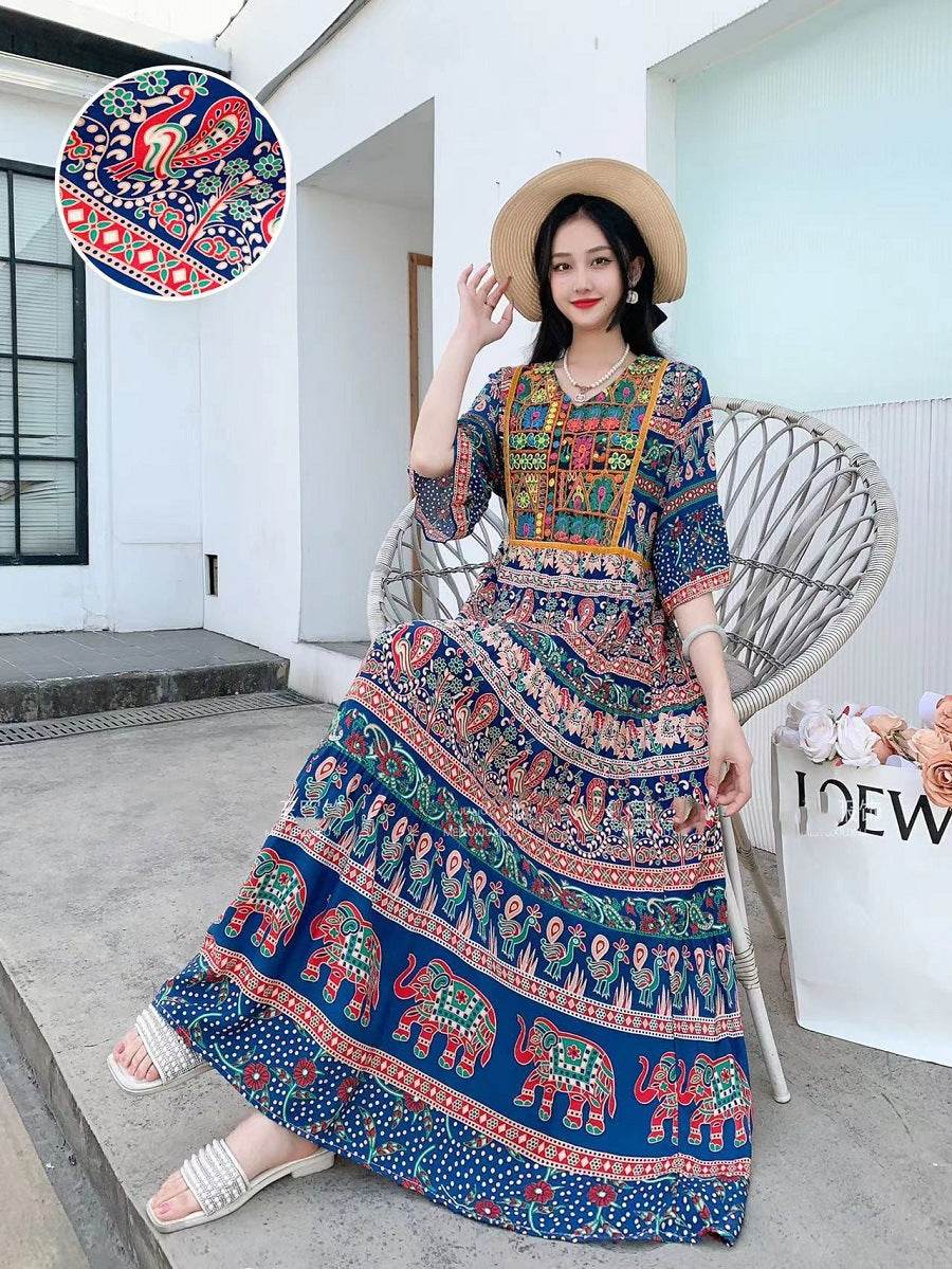 V-neck Embroidery Bell Sleeve Waist Trimming Casual Dress - Velora