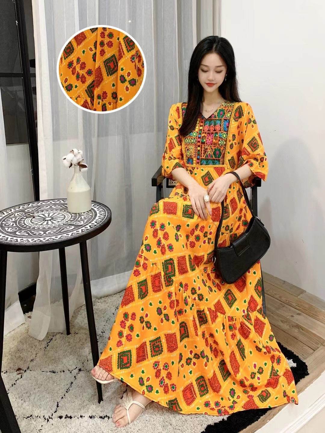 V-neck Embroidery Bell Sleeve Waist Trimming Casual Dress - Velora