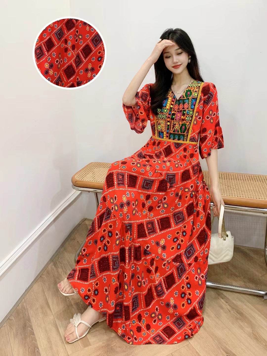 V-neck Embroidery Bell Sleeve Waist Trimming Casual Dress - Velora