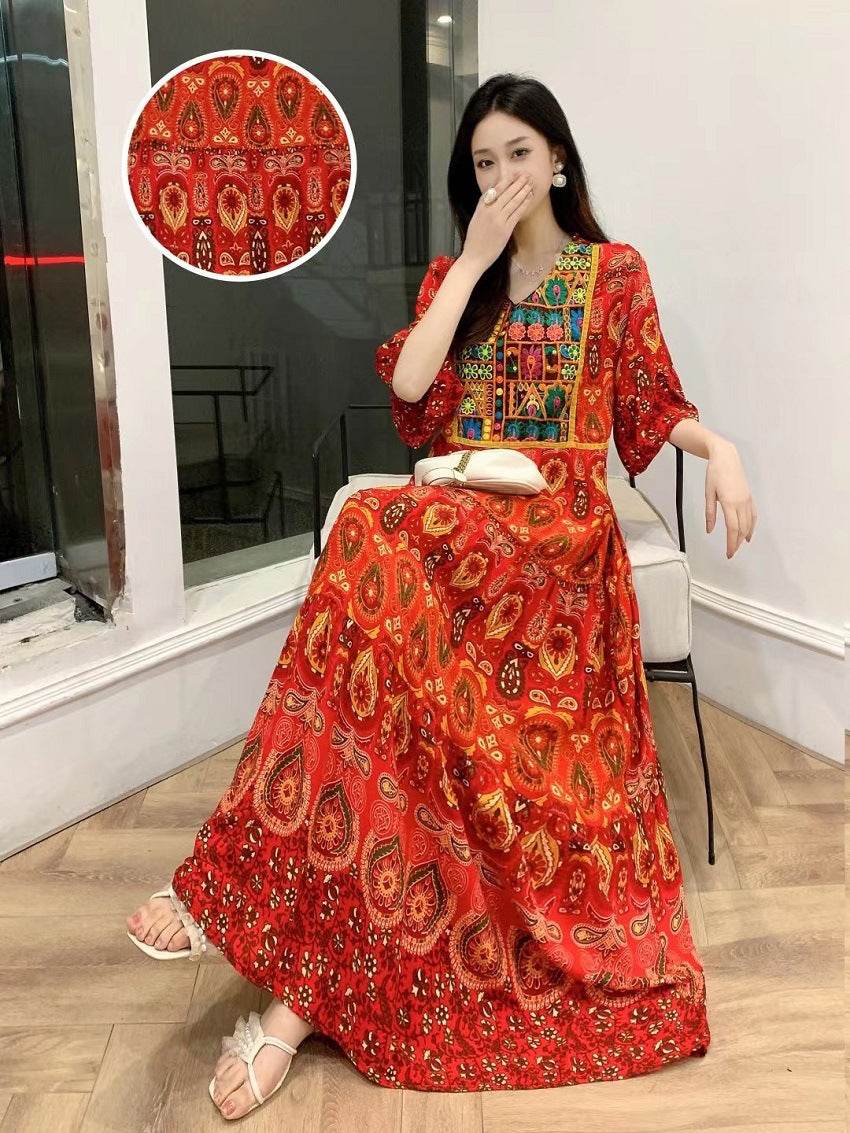 V-neck Embroidery Bell Sleeve Waist Trimming Casual Dress - Velora