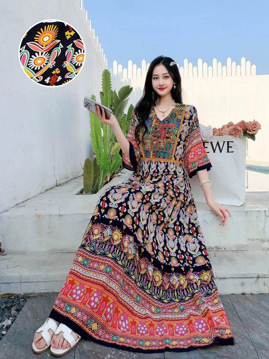 V-neck Embroidery Bell Sleeve Waist Trimming Casual Dress - Velora