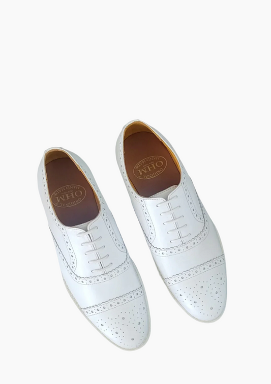 OHM Cap Toe Oxford Perforated Brogue Executive Leather Shoes White - Velora