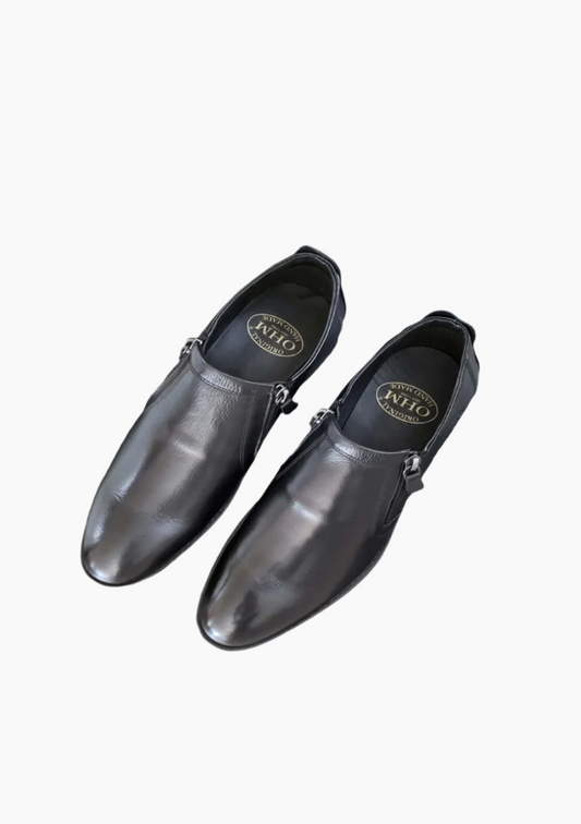 OHM Plain Toe Branded Zip Closure Slip-on Leather Shoes - Velora