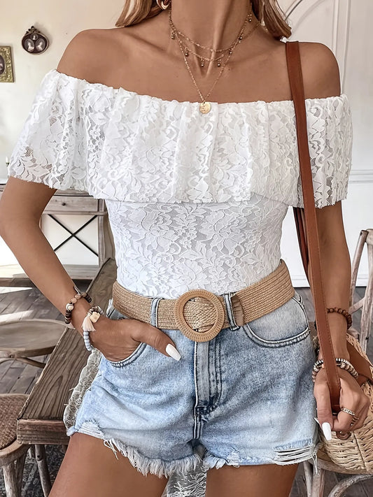 Off Shoulder Lace Ruffle Blouse - Velora Luxury Fashion