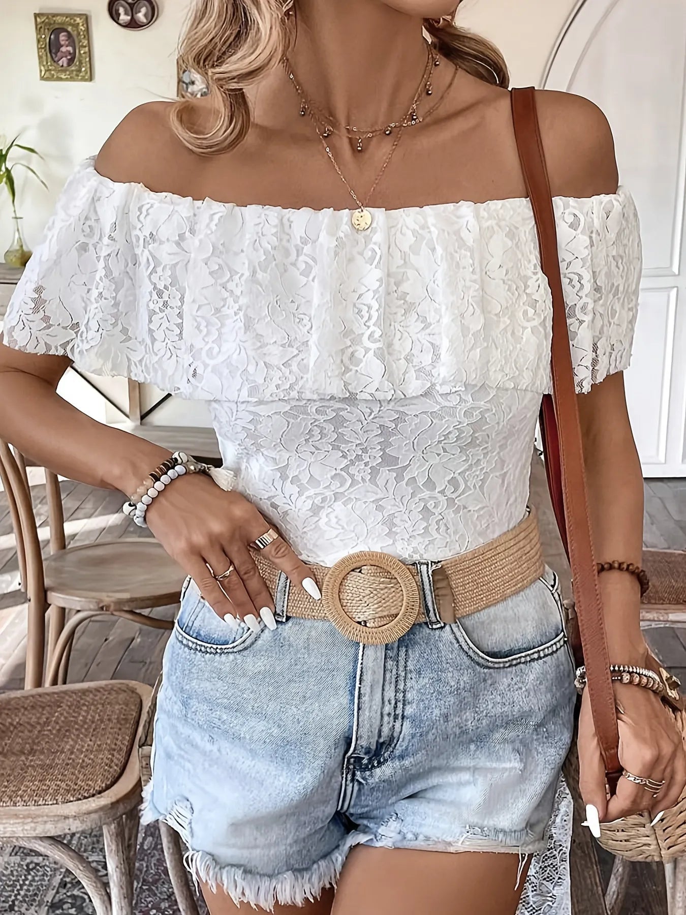 Off Shoulder Lace Ruffle Blouse - Velora Luxury Fashion