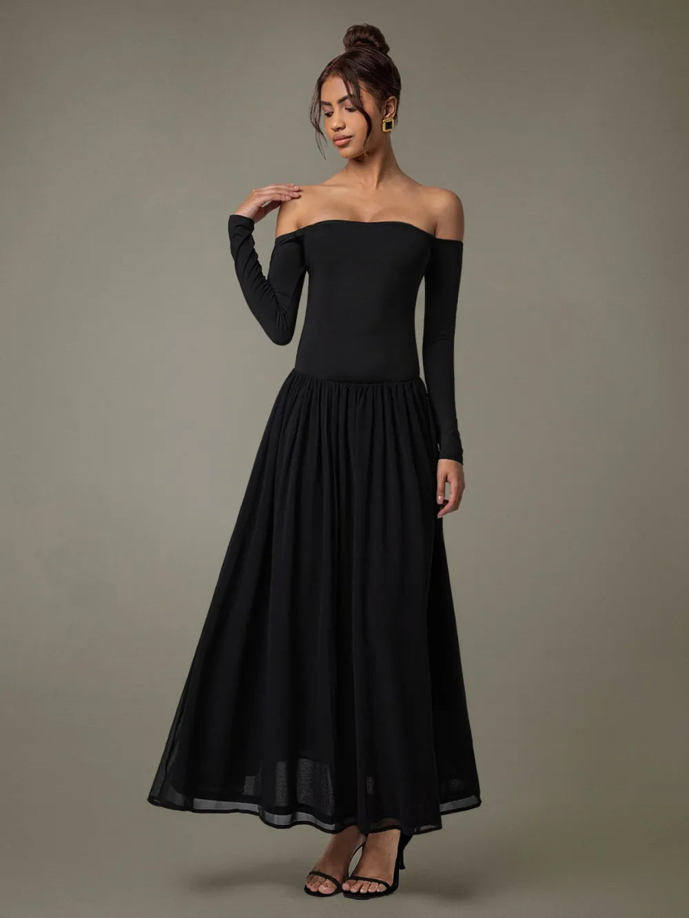 Off Shoulder Long Sleeve Maxi Dress - Velora Luxury Fashion