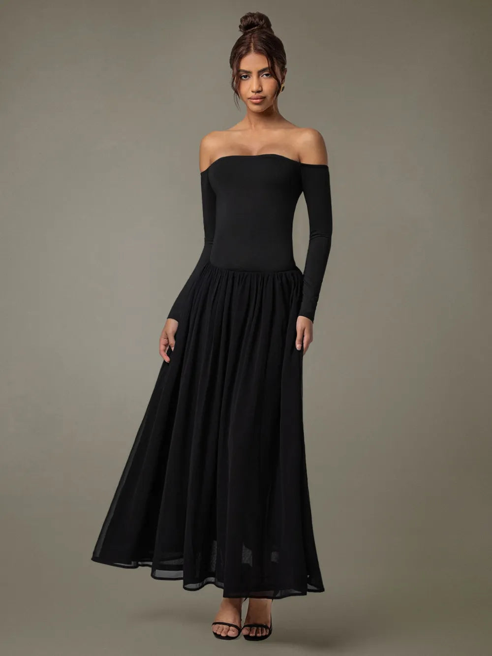 Off Shoulder Long Sleeve Maxi Dress - Velora Luxury Fashion