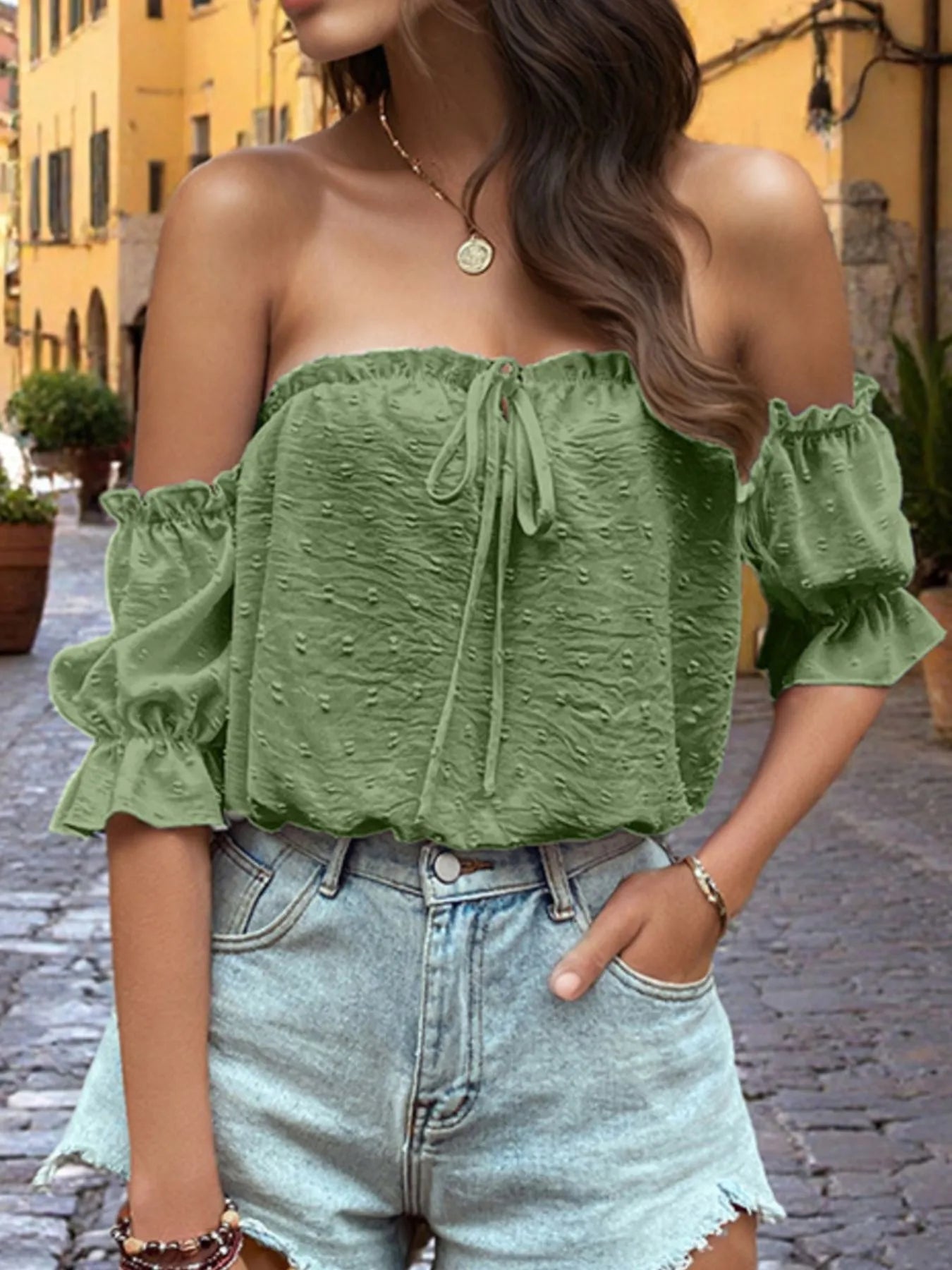 Off-Shoulder Swiss Dot Blouse with Tie Front Detail - Velora Luxury Fashion