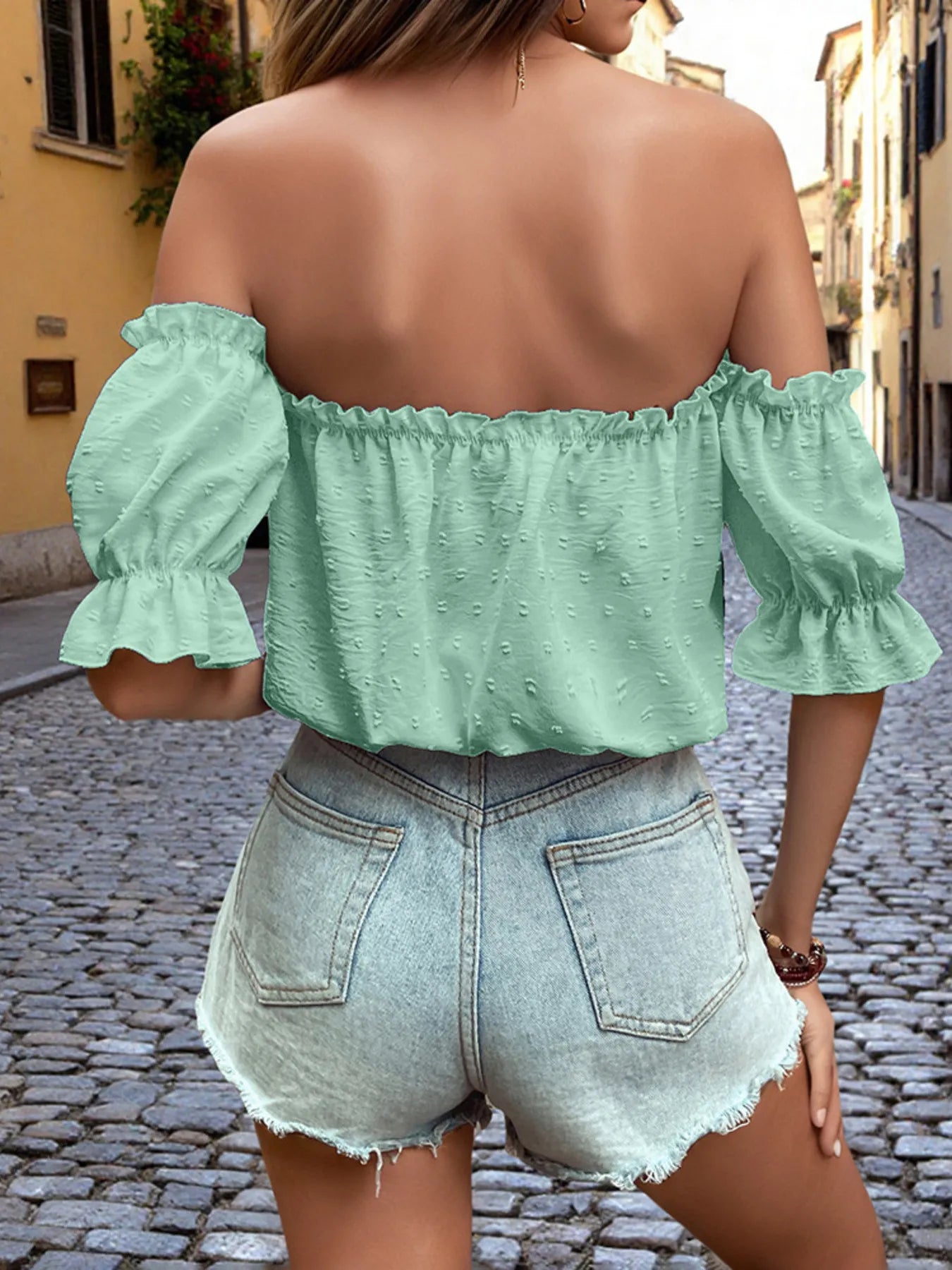 Off-Shoulder Swiss Dot Blouse with Tie Front Detail - Velora Luxury Fashion